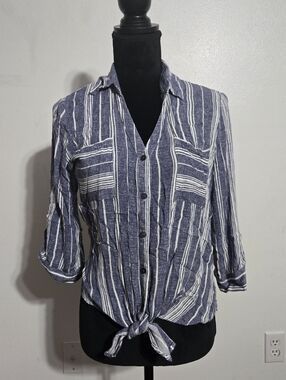 Striped Navy & White Tie-Front Button-Up Blouse